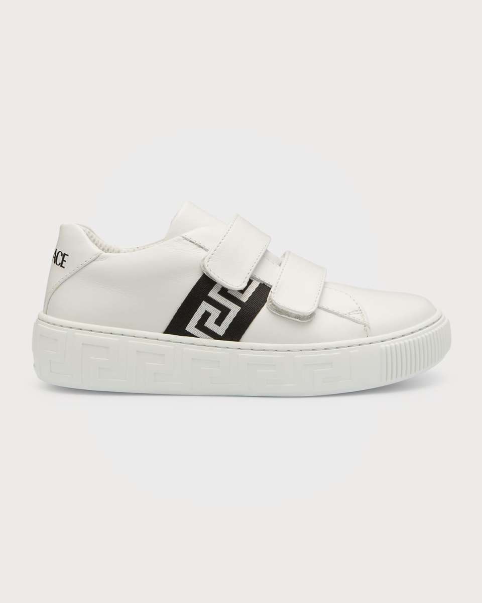 Kid's Greca Leather Grip-Strap Sneakers, Kids